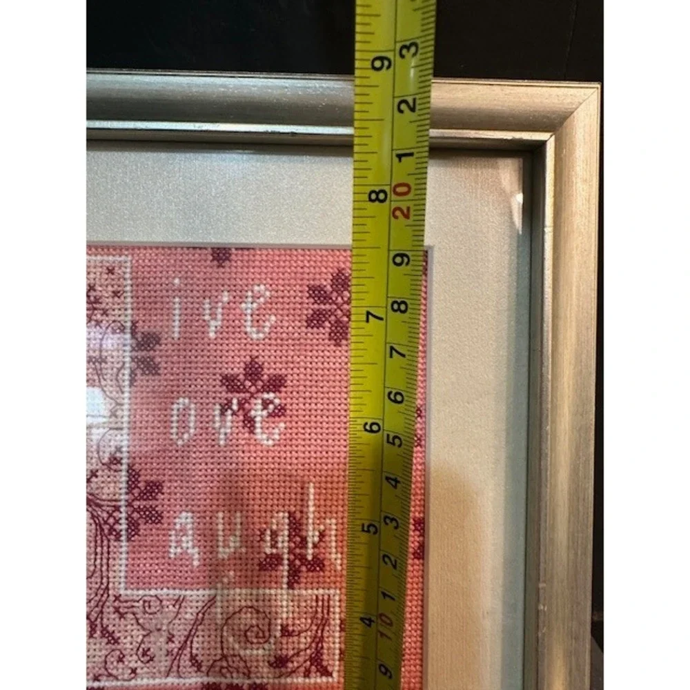 Live Love Laugh‎ Framed Cross Stitch Pink White Floral Wall Decor Silver Frame